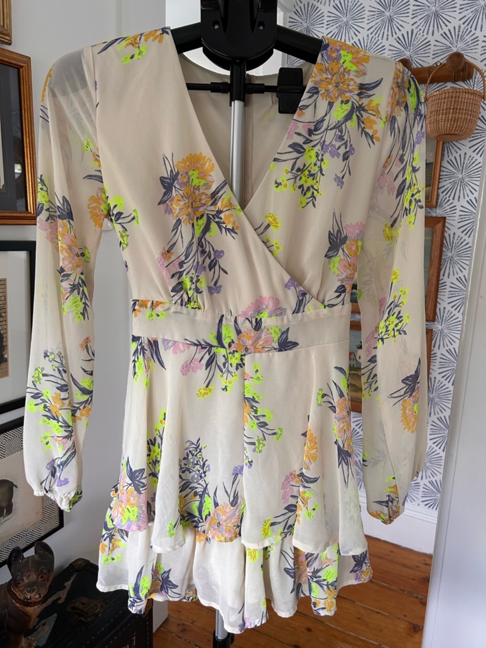 Alter’d State Floral Alma Wrap Mini Romper in Cream